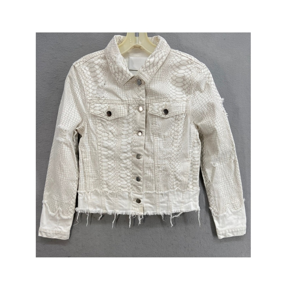 BLUE REVIVAL Jean Jacket Sz XS White Snake Print Distressed Denim‎